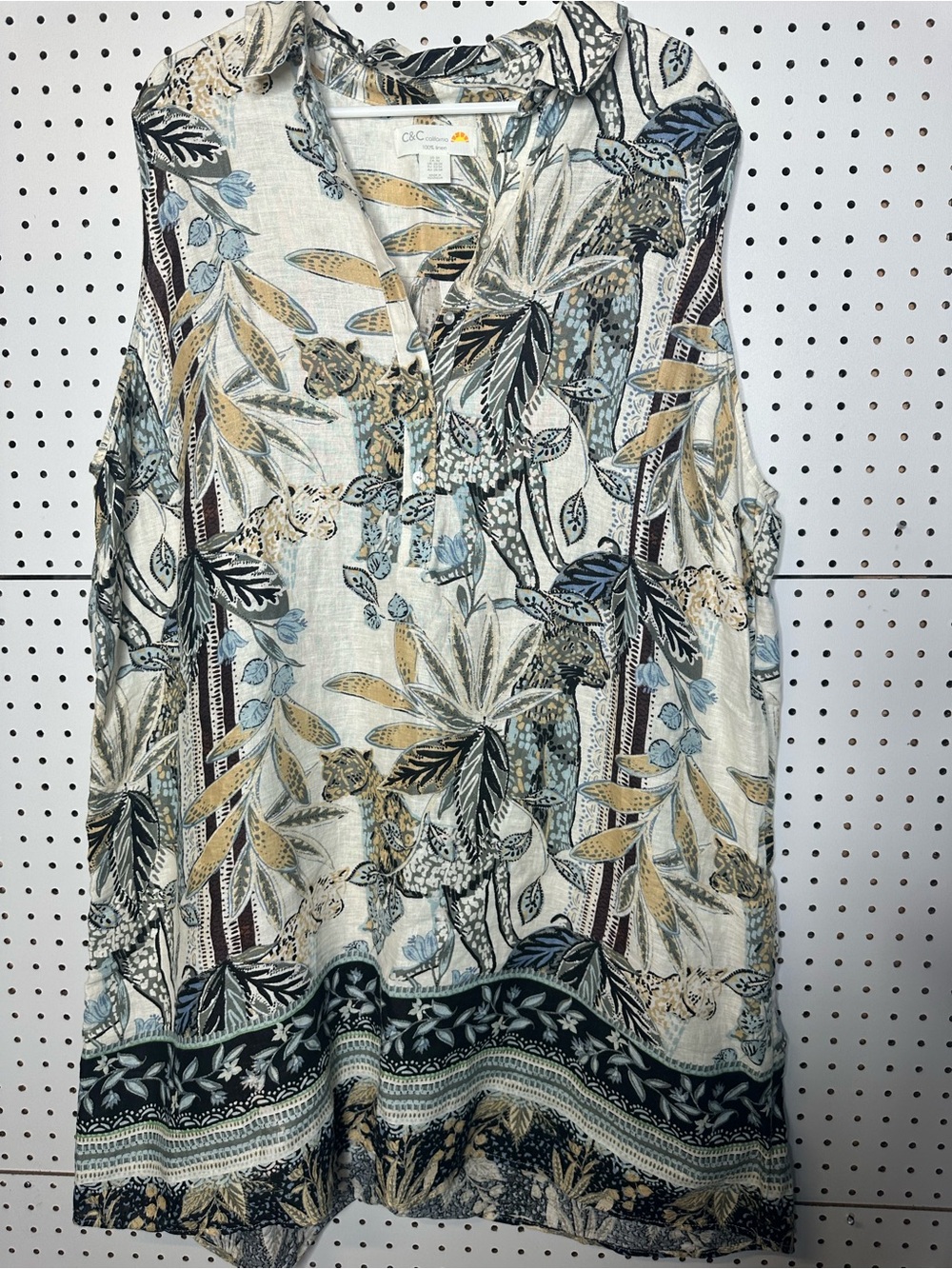 C&C California 100%linen Sleeveless Botanical Print Top in Cream & Blue size 3X